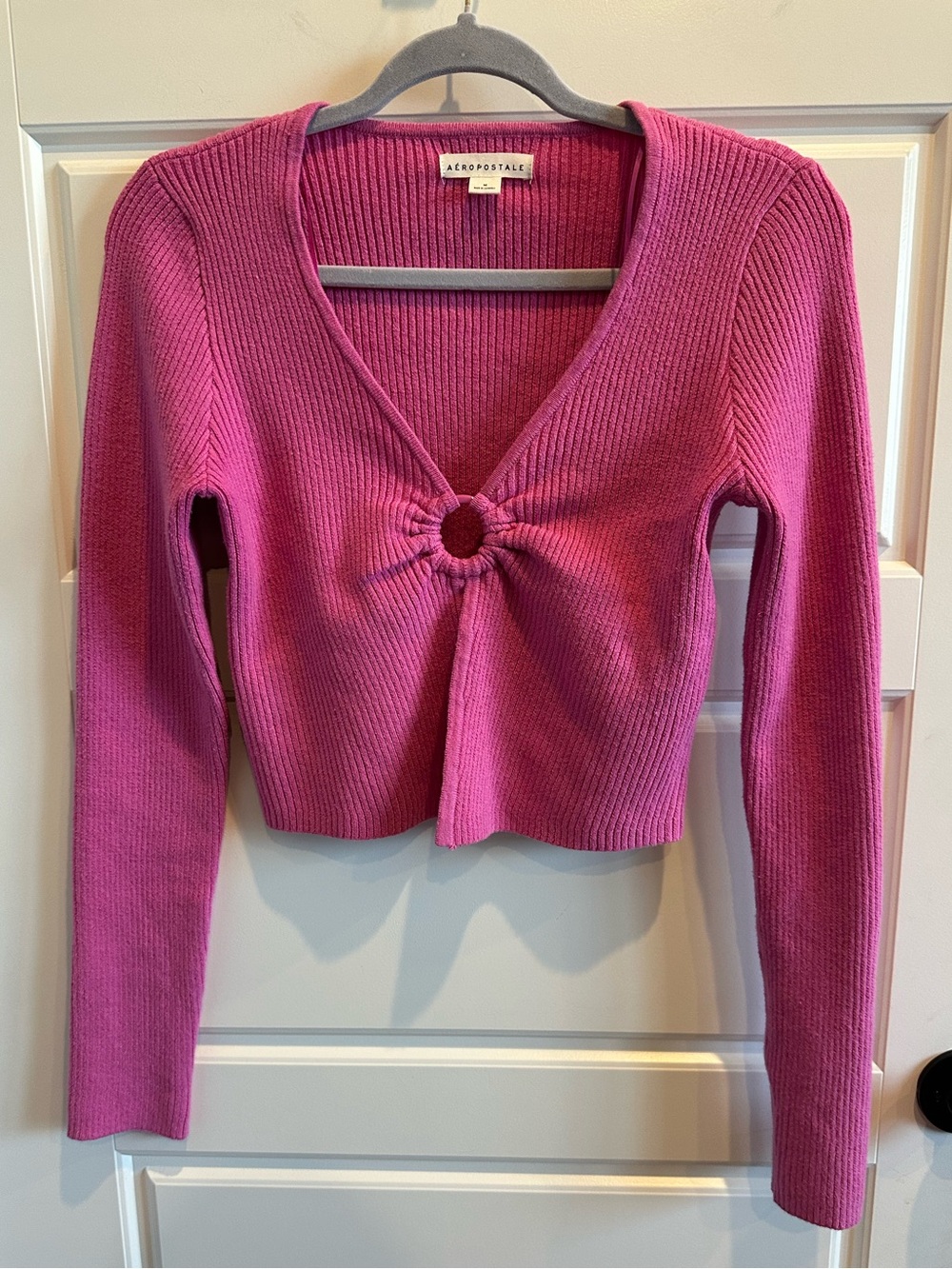 Aeropostale Med Pink Ribbed O Ring Cutout Top Long Sleeve Y2K Open Front Sweater